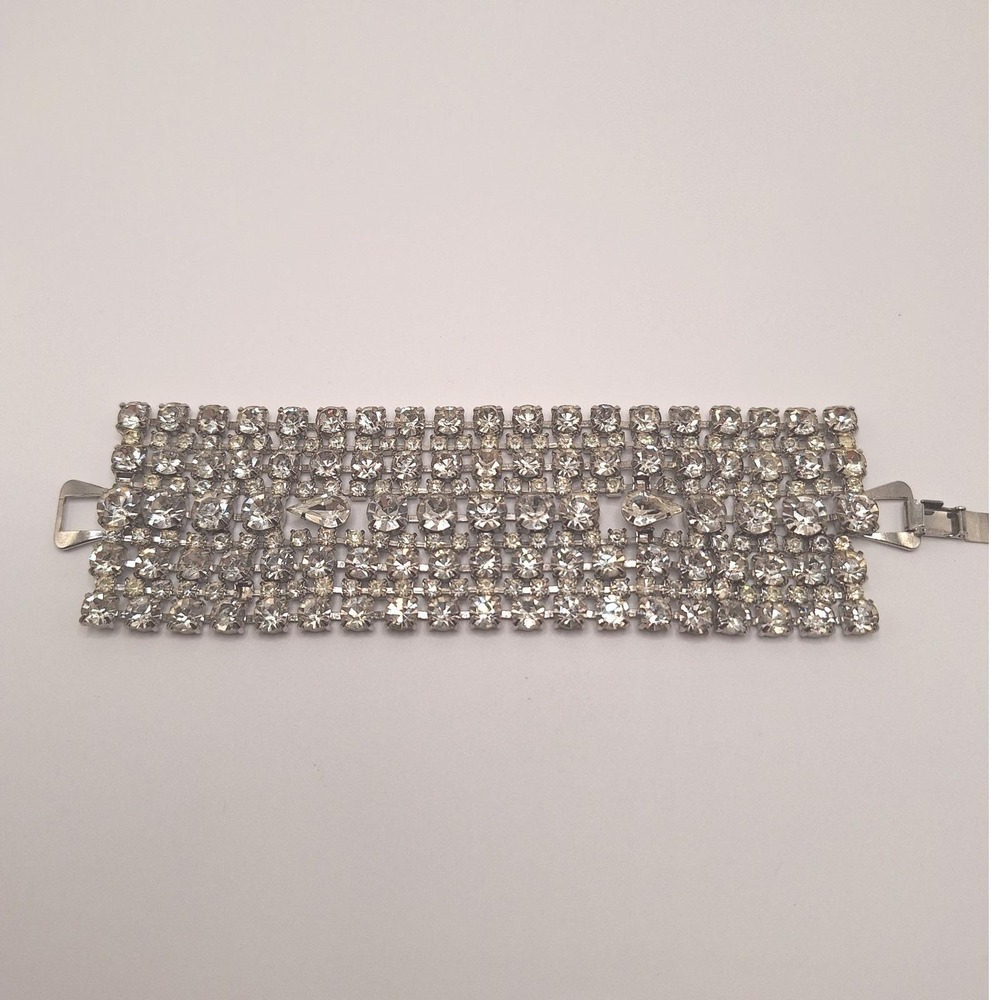 Vintage rhinestone bracelet multi rows retro glamour mid century silver tone